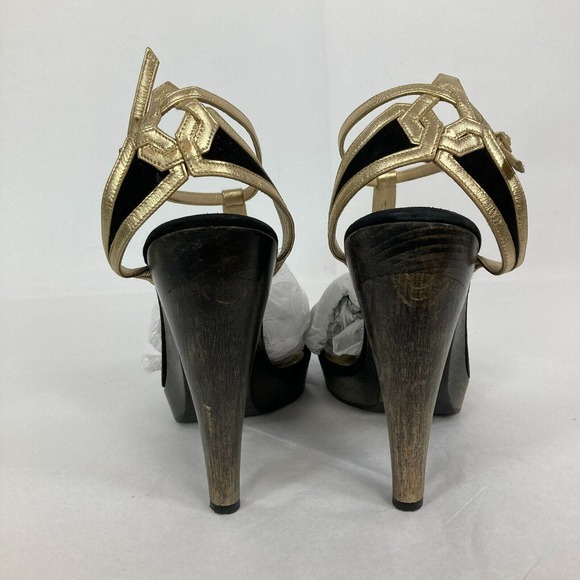 Jimmy Choo‎ Sandals Womens Sz 7.5 Black Gold Leather Strap Stiletto Heel Italy - Picture 5 of 10